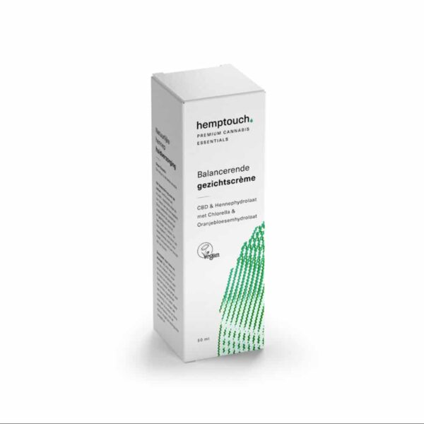 A Hemptouch balancing face cream with CBD (50 ml/50 mg) with white box and green lines on it.