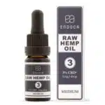 A bottle and box of Endoca CBD Oil 3%, labeled "3% CBD+, 1mg/drop, Medium," with a dropper cap on the bottle.