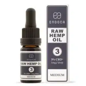 A bottle and box of Endoca CBD Oil 3%, labeled "3% CBD+, 1mg/drop, Medium," with a dropper cap on the bottle.