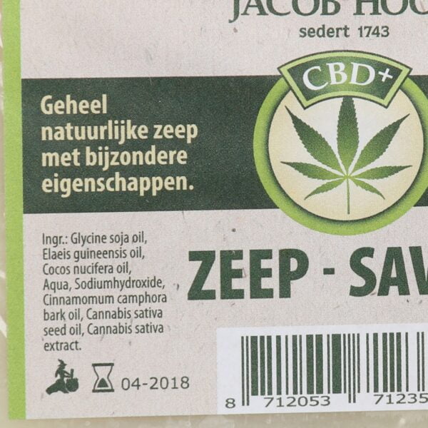 a label for Jacob Hooy CBD Soap with a cannabis leaf on it.