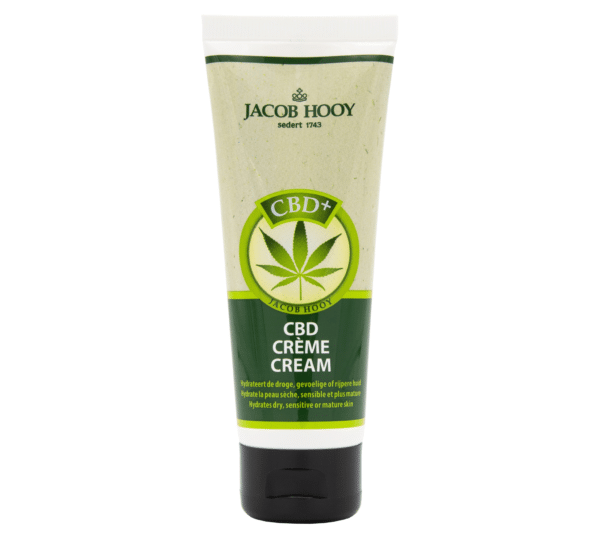 A tube of Jacob Hooy CBD cream on a white background.