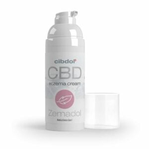 A bottle of Zemadol CBD cream next to a glass.