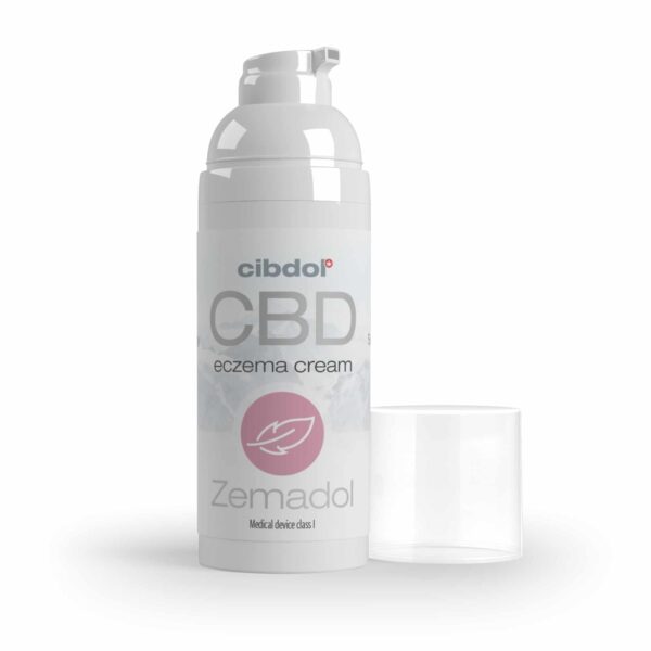 A bottle of Zemadol CBD cream next to a glass.
