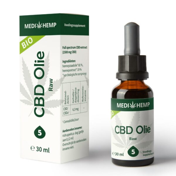 A bottle of Medihemp CBD Oil RAW 5% (30ml) next to a box.
