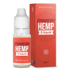 A bottle of Harmony E-liquid 100mg CBD – Strawberry (10ml) next to a box.