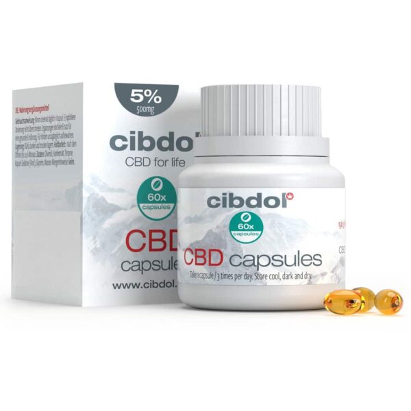 A box of 10% CBD softgel capsules from Cibdol (60 pieces – 16 mg) next to a bottle of 10% CBD softgel capsules from Cibdol (60 pieces – 16 mg).