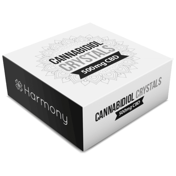 A white box with the Harmony CBD Crystals (99% Pure CBD) black and white logo on it.