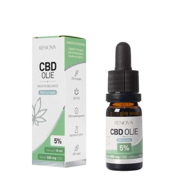 a bottle of Renova peppermint-infused CBD oil 5% next to a box of Renova peppermint-infused CBD oil 5%.