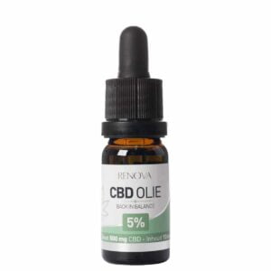 A bottle of Renova CBD oil 5% on a white background.