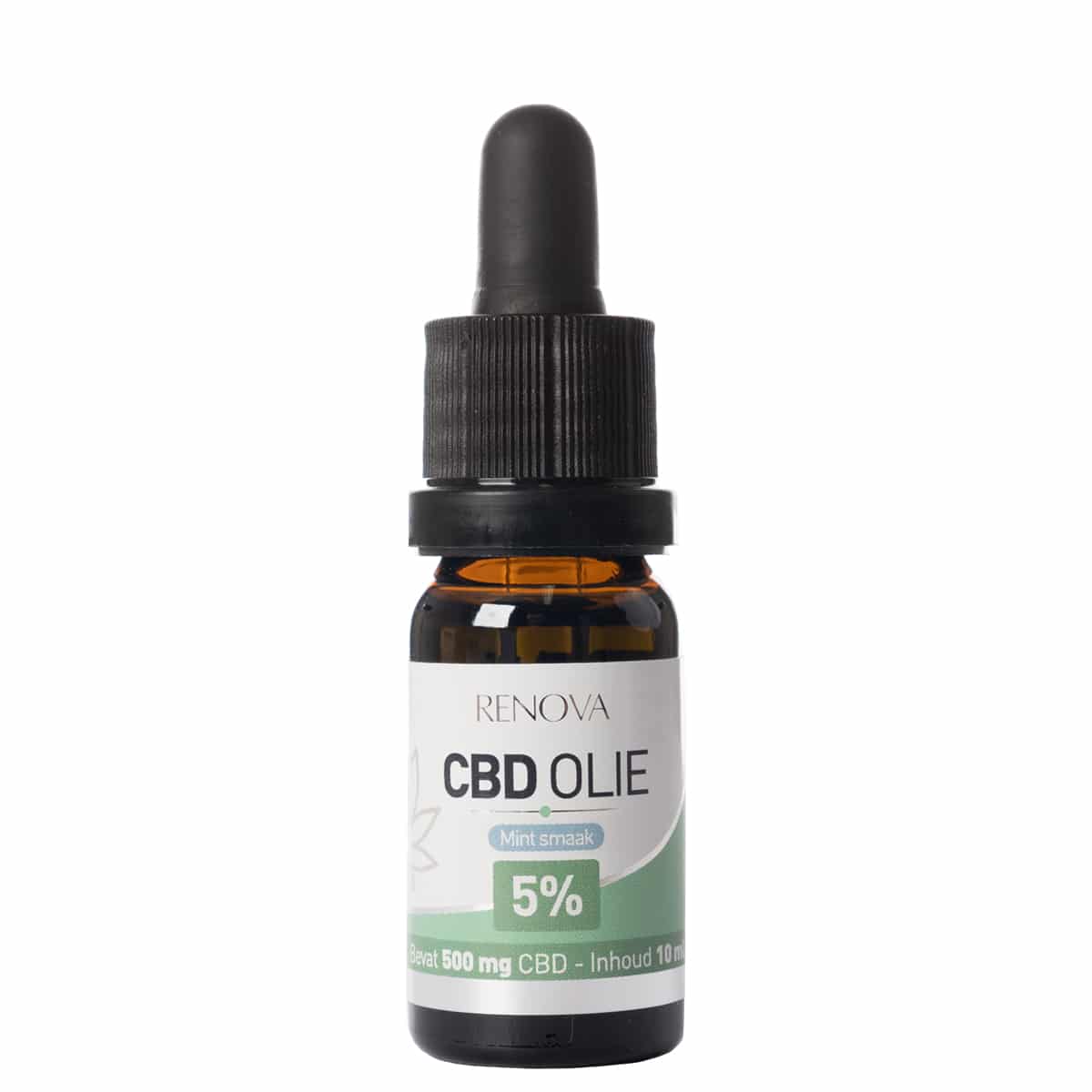 A bottle of Renova peppermint-infused CBD oil 5% on a white background.