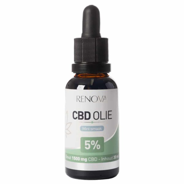 A bottle of Renova peppermint-infused CBD oil 5% (30 ml) sitting on a white surface.