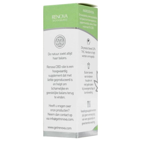 a bottle of Renova peppermint-infused CBD oil 5% on a white background.