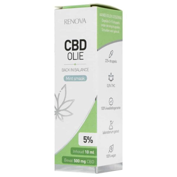 A box of Renova peppermint-infused CBD oil 5% sitting on top of a table.