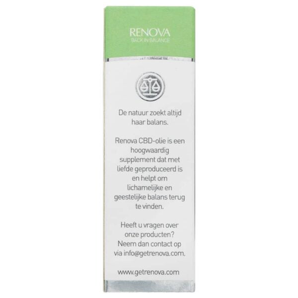A white box with a green label on it containing Renova peppermint-infused CBD oil 5%.