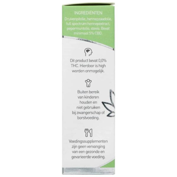 a bottle of Renova peppermint-infused CBD oil 5% on a white background.