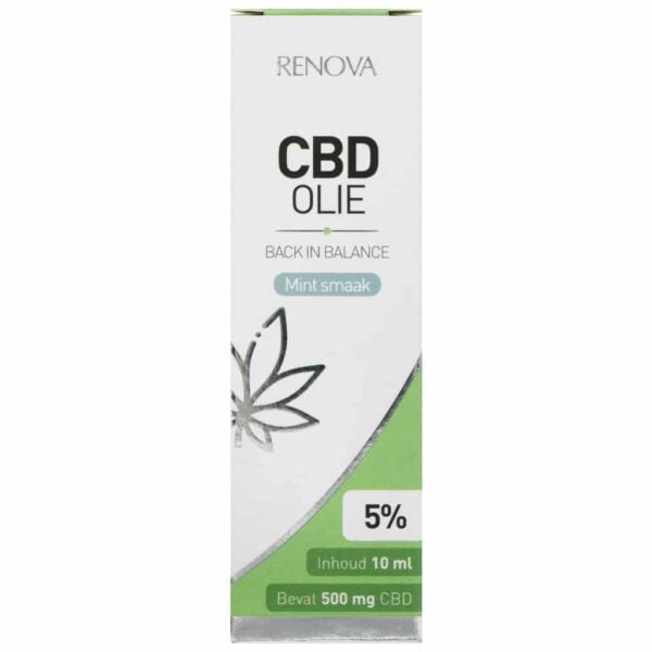 A bottle of Renova peppermint-infused CBD oil 5% sitting on top of a table.