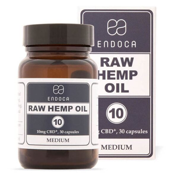 a bottle of endoca raw hemp oil next to a box.