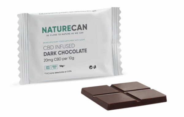 a CBD dark chocolate bar next to a packet of CBD dark chocolate.