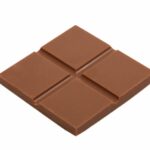 A piece of CBD dark chocolate on a white background.