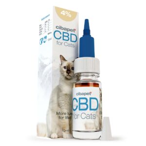 a bottle of cbd for cats next to a box of cbd for cats.