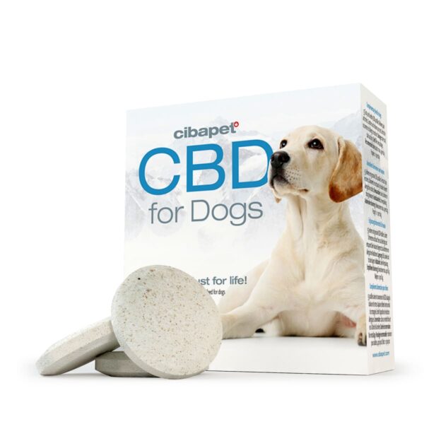 a package of cbd for dogs with a dog laying next to it.