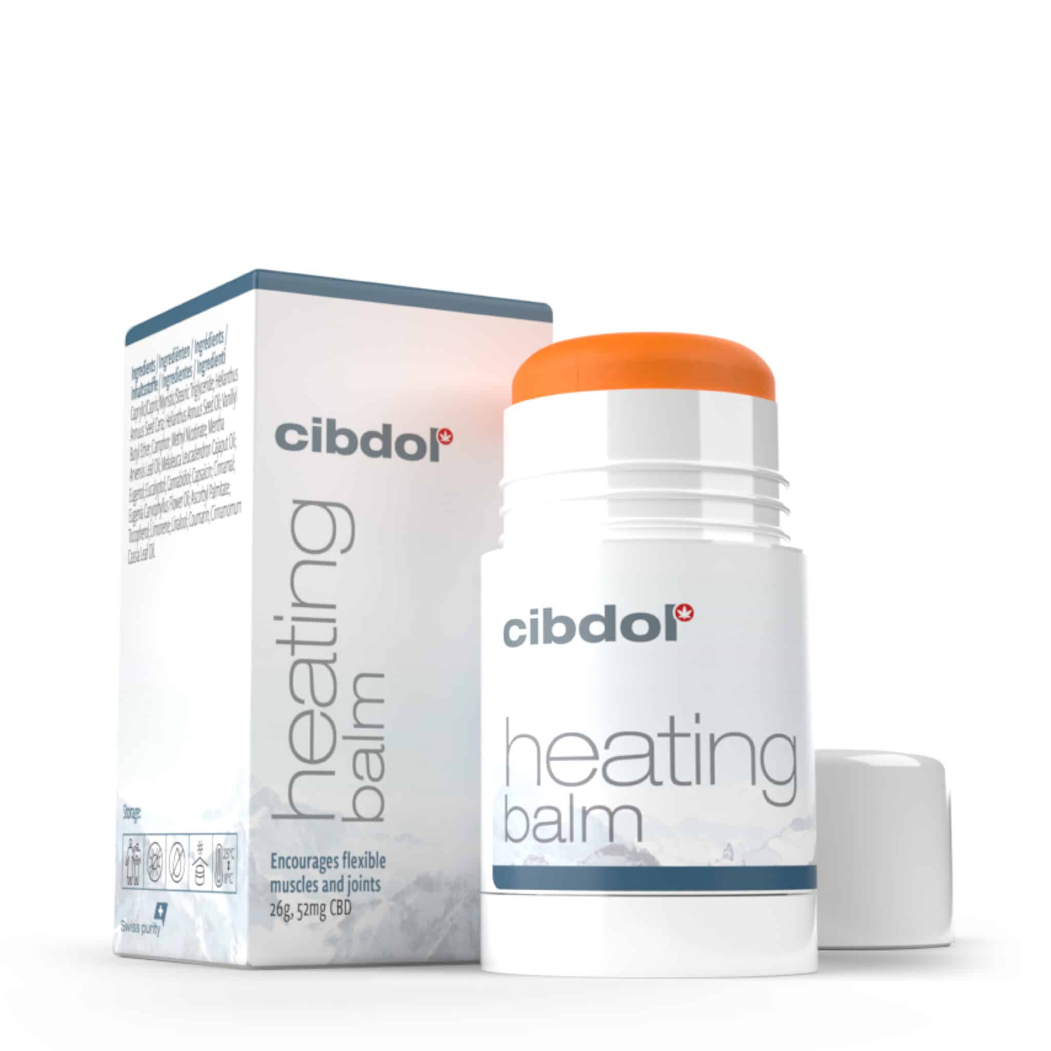 a bottle of Cibdol next to a box of Cibdol - CBD Heating muscle balm.