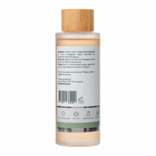 A bottle of Renova – Massage Oil with CBD (100ml) with a wooden cap.