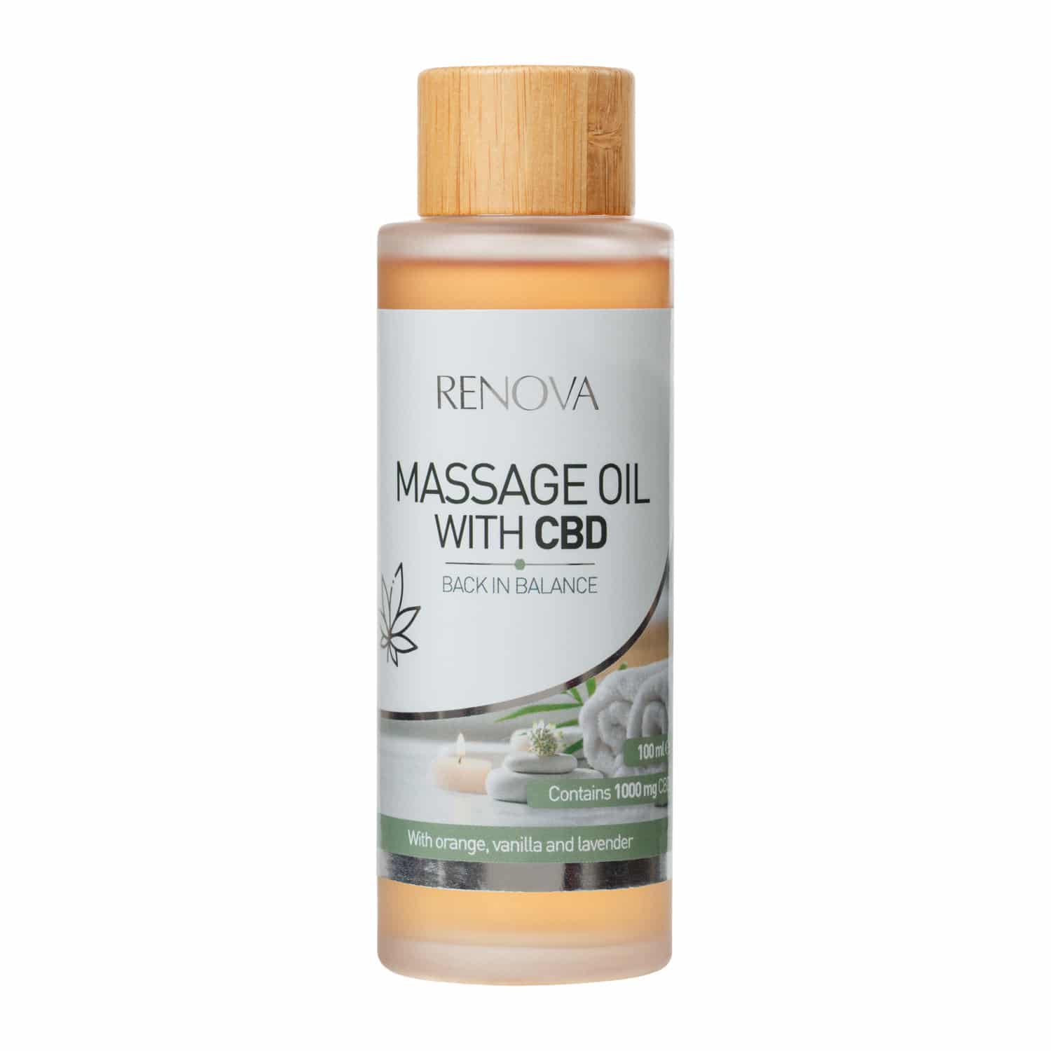 A bottle of Renova Massage Oil with CBD (100ml) in Lavender, vanilla & orange.