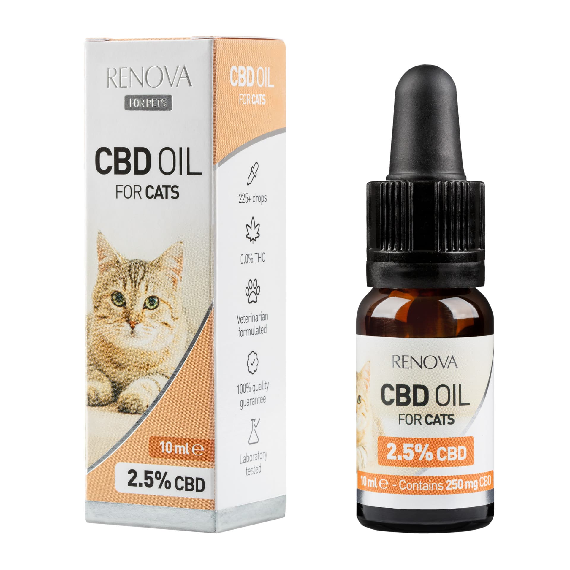 a bottle of Renova - CBD oil 2,5% for cats next to a box of Renova - CBD oil 2,5% for cats.