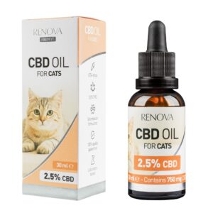 A bottle of Renova - CBD oil 2,5% for cats (30ml) next to a box of Renova - CBD oil 2,5% for cats (30ml).