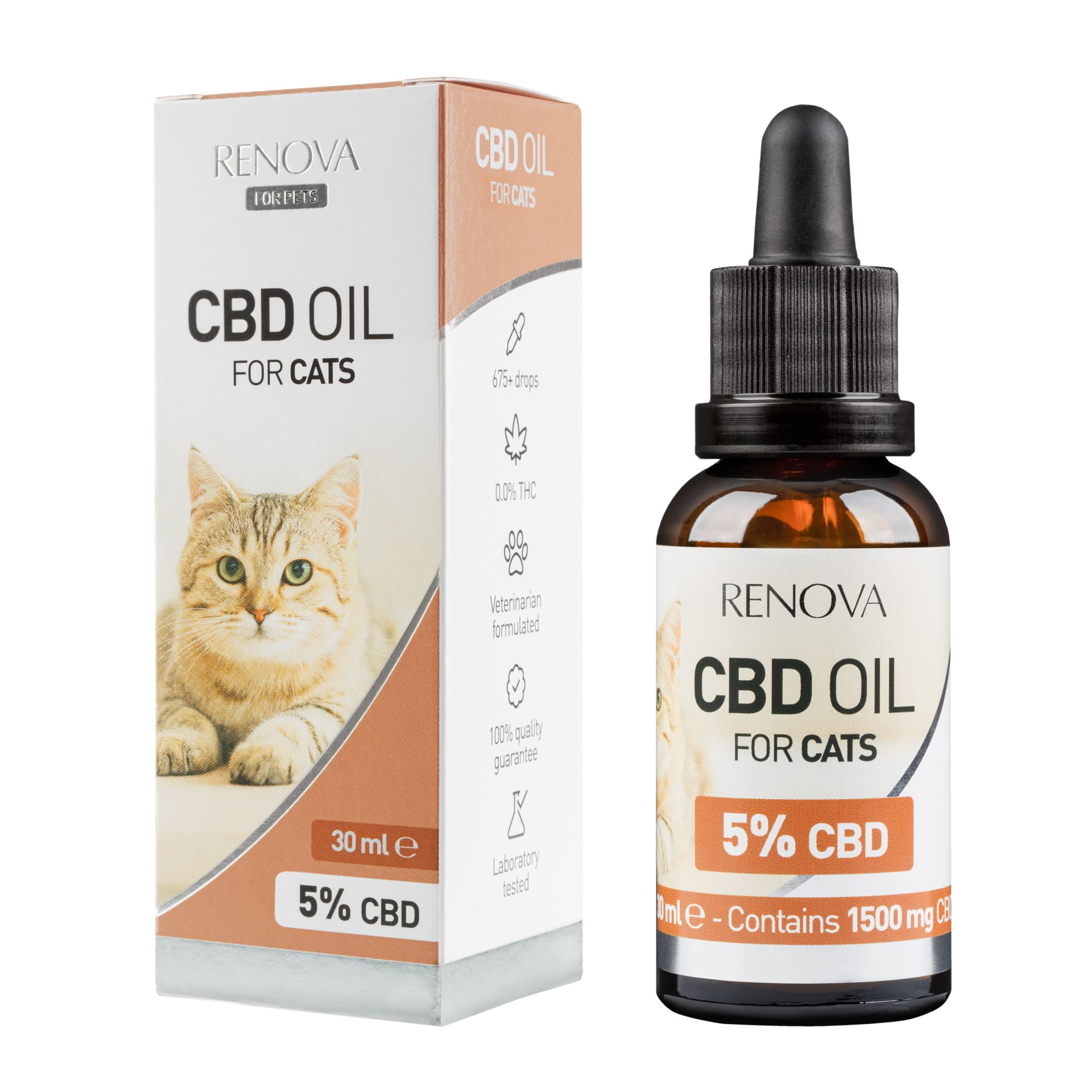 A bottle of Renova CBD oil 5% for cats (30ml) next to a box of Renova CBD oil 5% for cats (30ml).