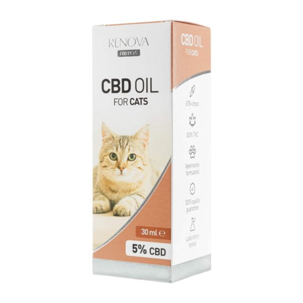 A Renova CBD oil 5% for cats (30ml) on a white background.