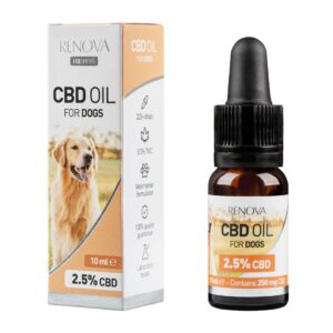 a bottle of Renova - CBD oil 2,5% for dogs next to a box of Renova - CBD oil 2,5% for dogs.