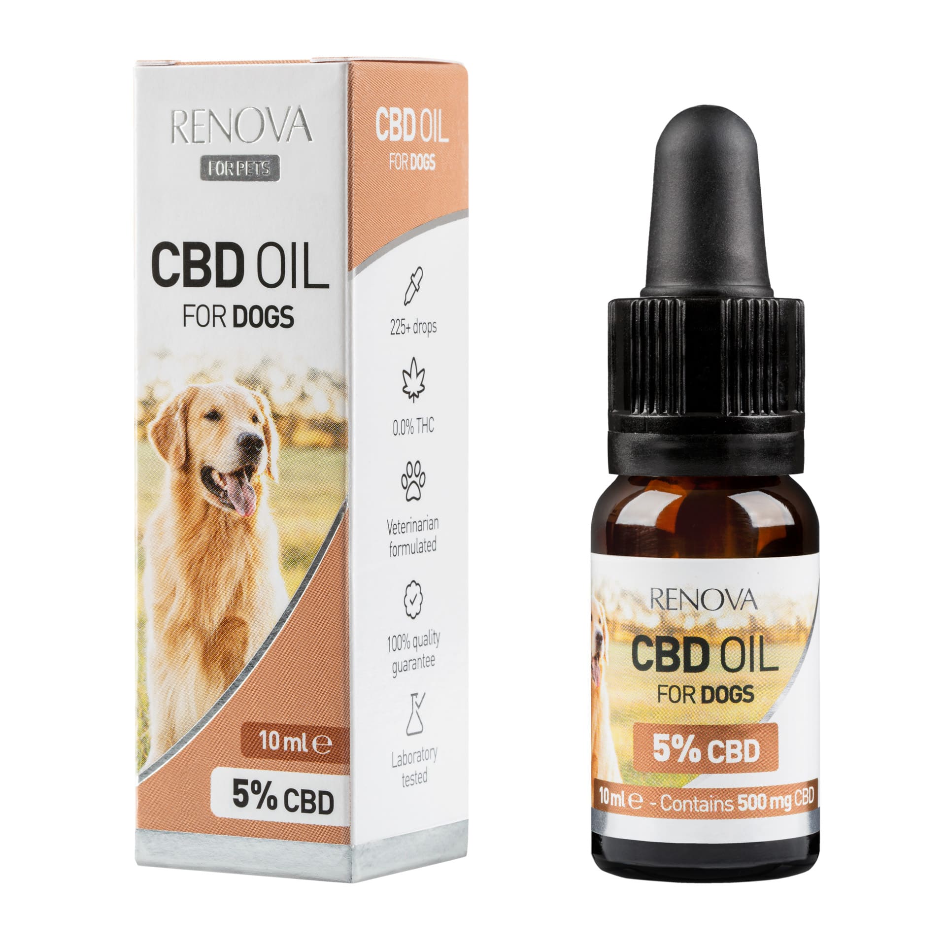 A bottle of Renova - CBD oil 5% for dogs next to a box of Renova - CBD oil 5% for dogs.