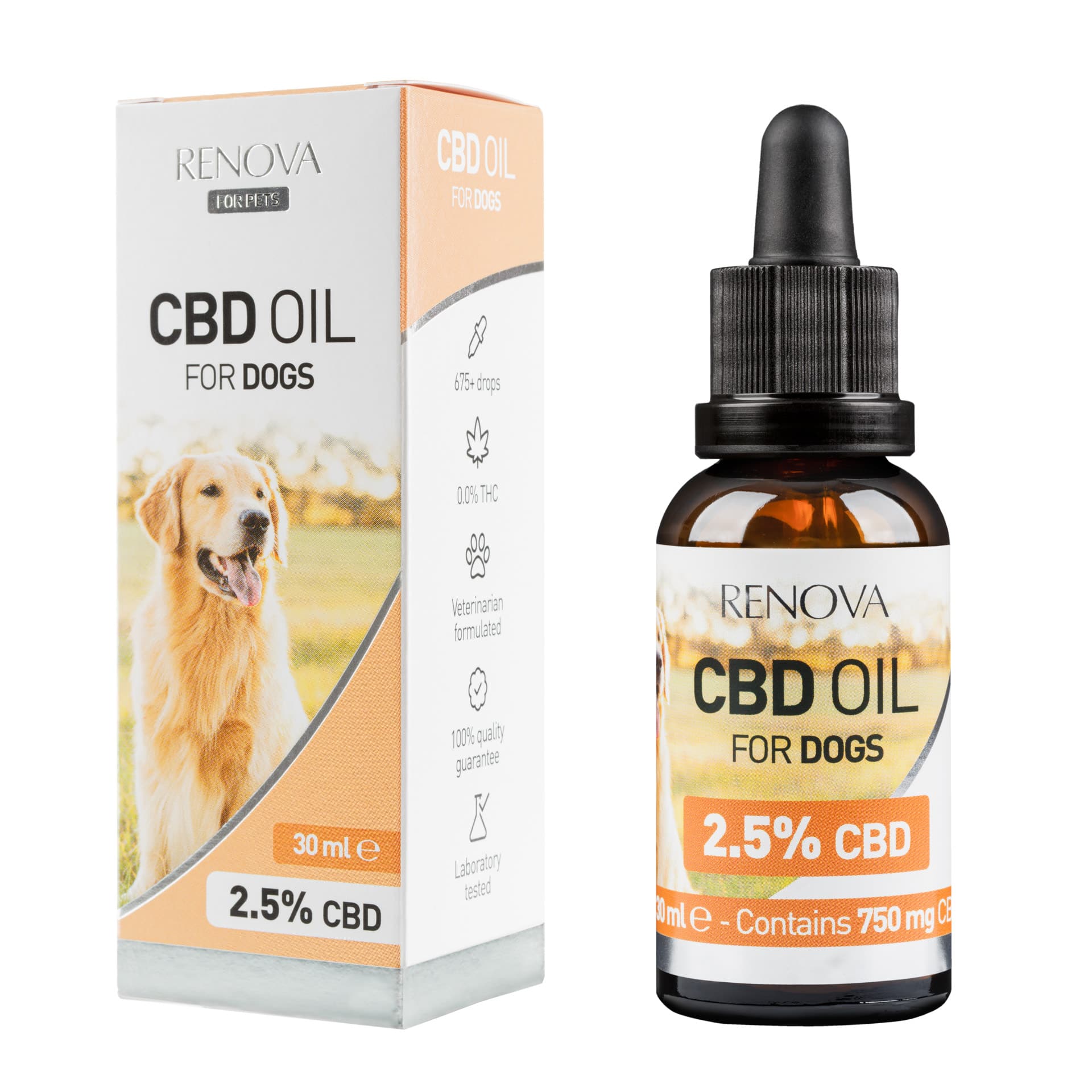 A bottle of Renova - CBD oil 2,5% for dogs (30ml) next to a box of Renova - CBD oil 2,5% for dogs (30ml).