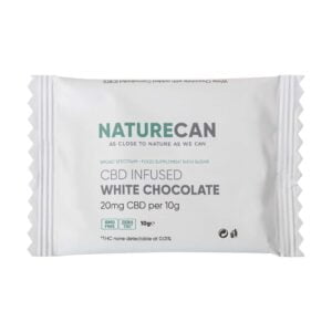 A packet of CBD infused white chocolate - CBD white chocolate.