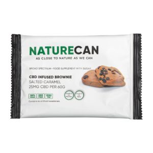 A bag of Naturecan CBD infused salted caramel brownie.
