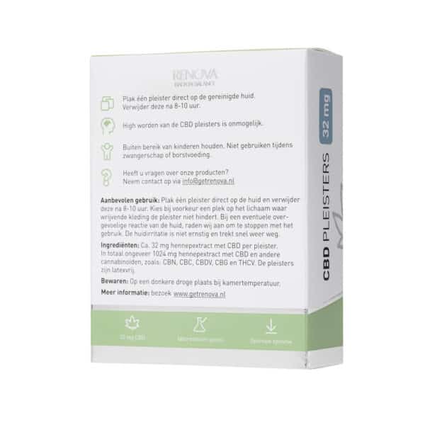 a white box with a green label on it, containing Renova CBD patches (32 mg - 32 pieces).