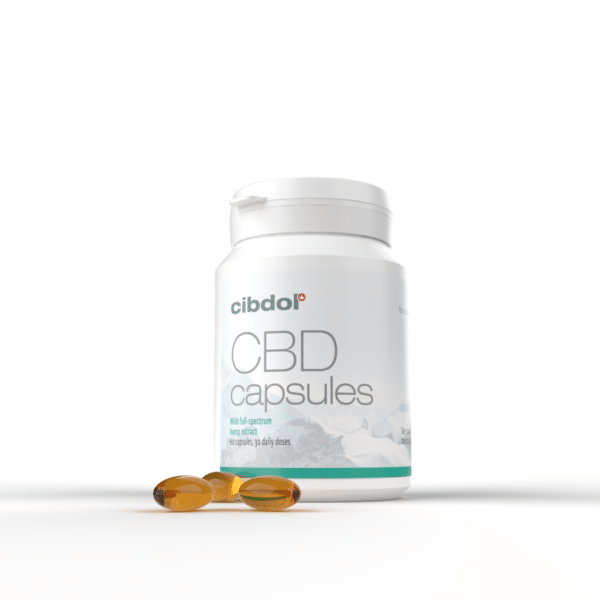 a bottle of 40% CBD softgel capsules - Cibdol (60 pieces - 66.6 mg) on a white surface.