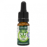a bottle of cbd oil sitting on a white surface.