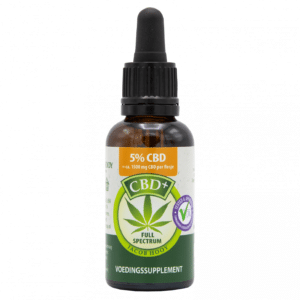 a bottle of cbd oil sitting on a white surface.