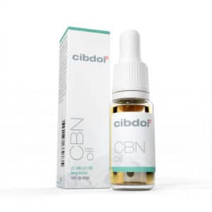 A bottle of Cibdol - 5% CBN and 2,5% CBD oil (10ml) next to its packaging on a white background.