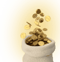 a white bowl filled with gold coins on top of a yellow background.