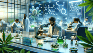 A group of people working in a lab with marijuana plants.
