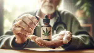 An elderly man holding a bottle of cbd oil.