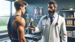A doctor is talking to a man in a gym.