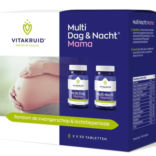 A box of Vitakruid – Multi Day & Night® Mama (2 x 30 Tablets) features two bottles and packaging with a pregnant belly image, highlighting use during pregnancy and lactation.