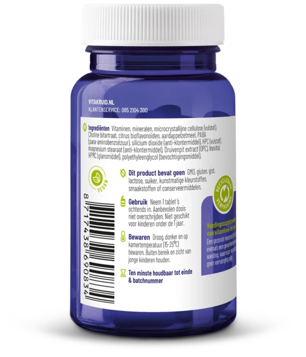 A blue bottle of Vitakruid – Multi Day & Night® Mama (2 x 30 Tablets) with a white label in Dutch, showing ingredients, usage, storage tips, and certification logos.