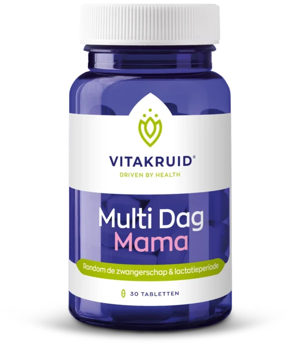A blue bottle labeled "Vitakruid – Multi Day & Night® Mama," containing 2 x 30 tablets for use during pregnancy and breastfeeding.