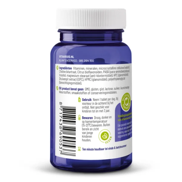 A blue plastic bottle of Vitakruid – Multi Day (30 Tablets) with a white cap, featuring ingredients, usage instructions, and storage info in Dutch on the label.